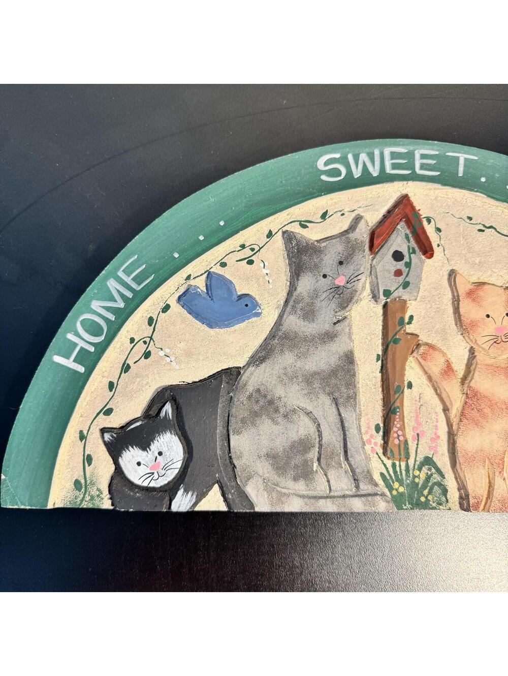 Vtg Wood Sign Welcome Hand Painted Kitty Cat Flowers Country Decor Home Sweet - Picture 3 of 9